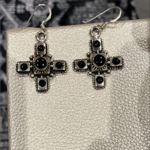 925 Silver Cross Earrings with Black Enamel
